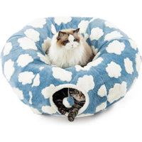 HKM-8110269 Foldable Plush Cat Tunnel Nest, Light Cloud Design, Soft Cloth, Blue, 80*26*20cm