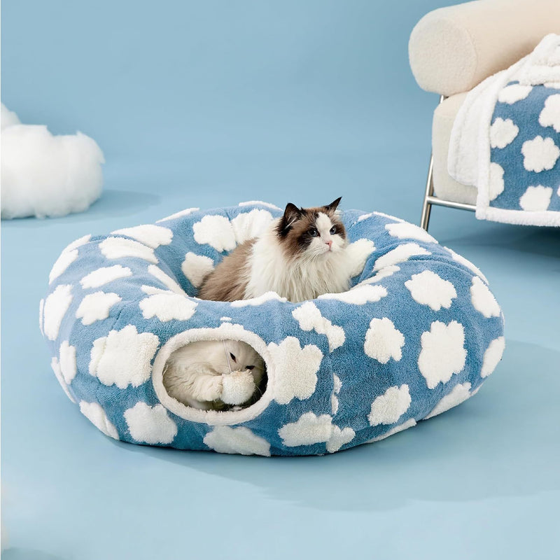 HKM-8110269 Foldable Plush Cat Tunnel Nest, Light Cloud Design, Soft Cloth, Blue, 80*26*20cm