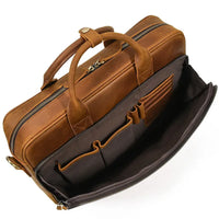 HKM-811155 Retro Crazy Horse Leather Briefcase for 14-Inch Laptops - Waterproof Heavyweight Waxed Canvas Messenger Bag in Brown/Dark Brown