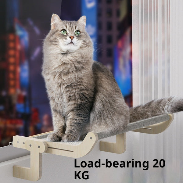 HKM-8112061 Extra Large Hanging Cat Bed for Balcony or Window - Solid Wood & Canvas Design