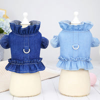 HKM-8115645 Denim Ruffle Vest for Pets - Stylish Dog & Cat Harness Dress with Leash Hook in Blue