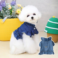 HKM-8115645 Denim Ruffle Vest for Pets - Stylish Dog & Cat Harness Dress with Leash Hook in Blue