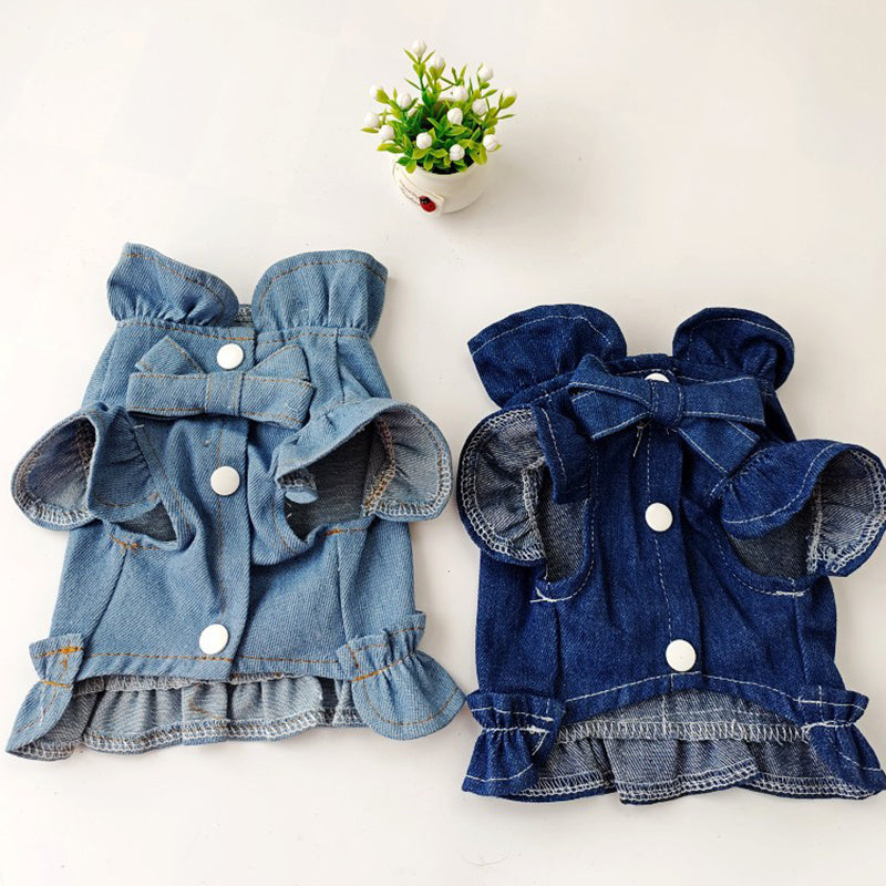 HKM-8115645 Denim Ruffle Vest for Pets - Stylish Dog & Cat Harness Dress with Leash Hook in Blue