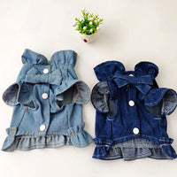 HKM-8115645 Denim Ruffle Vest for Pets - Stylish Dog & Cat Harness Dress with Leash Hook in Blue
