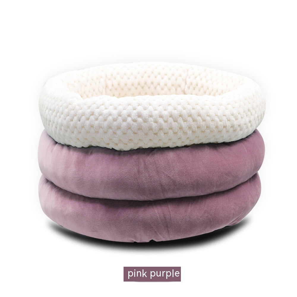 HKM-8116029 Semi-closed Round Ice Velvet Dog Bed for Deep Sleep - Available in Blue, Pink Purple, and Brown, Size 45x45x22cm