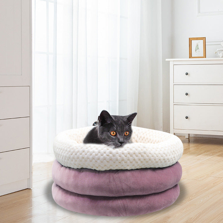 HKM-8116029 Semi-closed Round Ice Velvet Dog Bed for Deep Sleep - Available in Blue, Pink Purple, and Brown, Size 45x45x22cm
