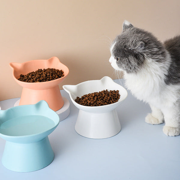 HKM-8116157 High-legged Ceramic Cat Bowl - 350ml Capacity, Easy to Clean, Sloping Design in White, Orange, or Blue