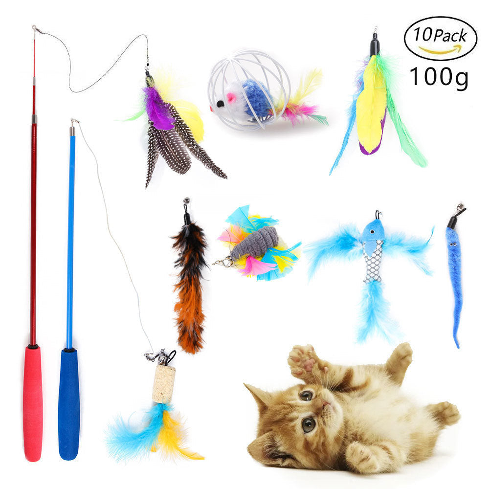 HKM-8116797 Cat Toy Set with Stick, Plush, Feather, and Metal Elements for Training and Comfort
