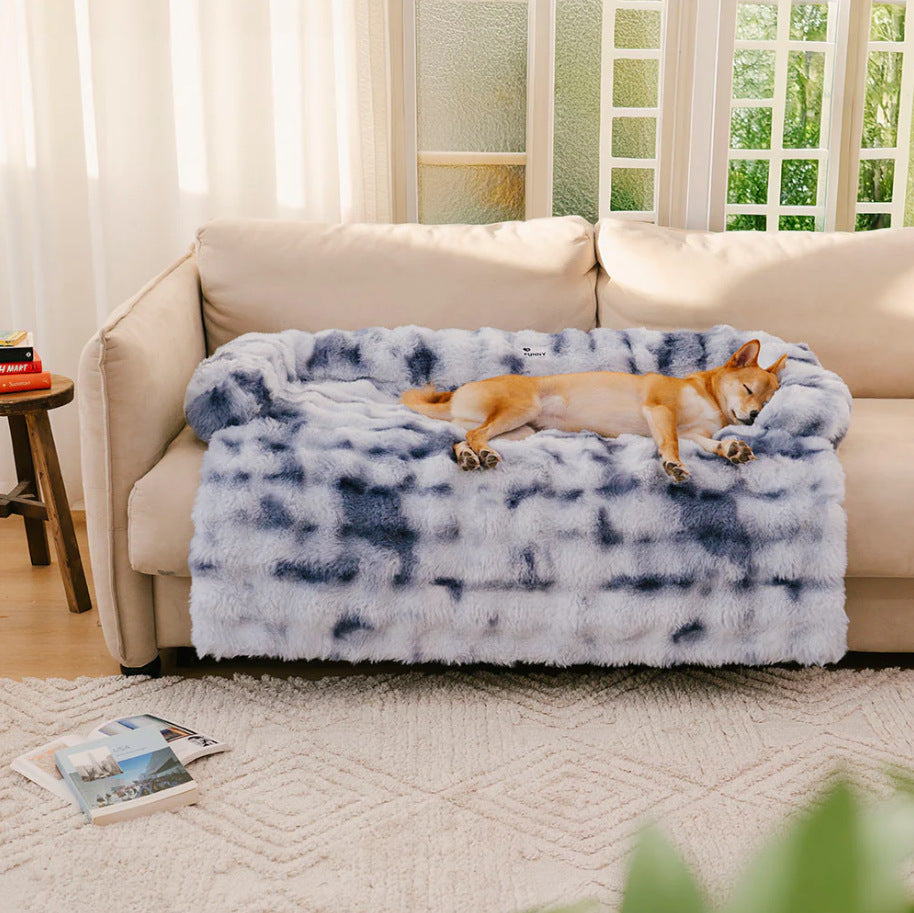 HKM-8117821 Removable and Washable Plush Pet Sofa in Dark Gray, Camel, Tie-Dyed Gray Blue, and Tie-Dyed Brown
