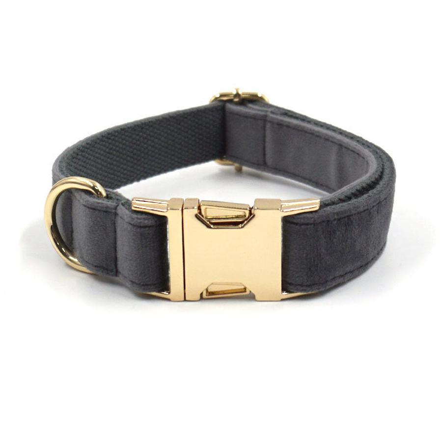 HKM-811795 Dark Grey Velvet Pet Collar with Metal Buckle for Dogs - Multiple Sizes Available