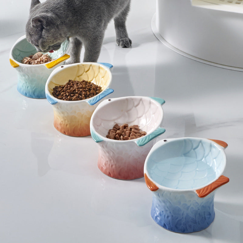HKM-8119229 Elevated Ceramic Cat Feeder Bowl - Fish Shape with 15° Tilt for Comfortable Eating and Whisker Fatigue Relief