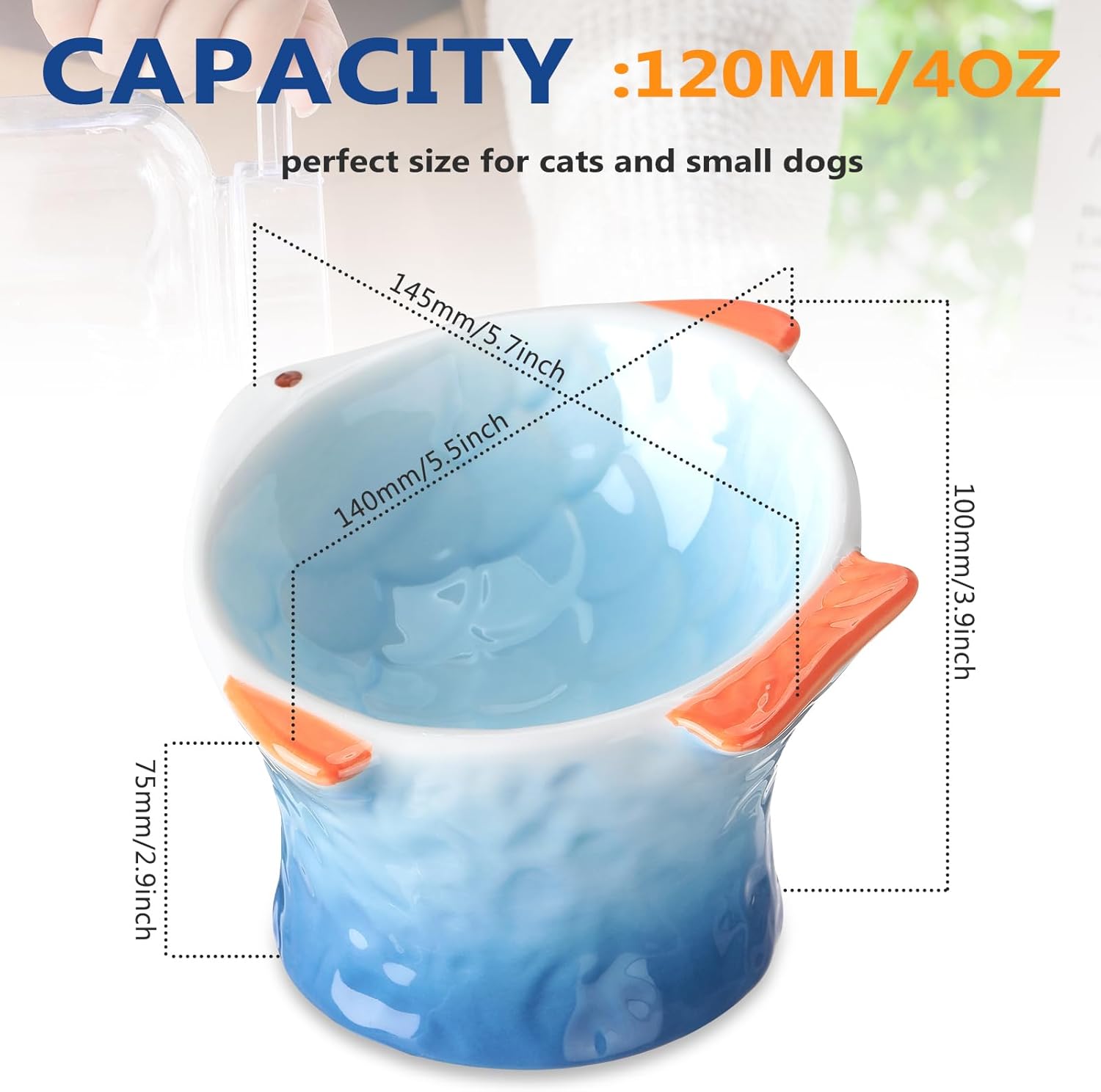 HKM-8119229 Elevated Ceramic Cat Feeder Bowl - Fish Shape with 15° Tilt for Comfortable Eating and Whisker Fatigue Relief