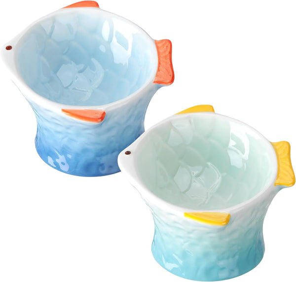 HKM-8119229 Elevated Ceramic Cat Feeder Bowl - Fish Shape with 15° Tilt for Comfortable Eating and Whisker Fatigue Relief