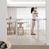 HKM-8119613 30-Inch High White Child Safety Gate with Extensions for Baby Door Barrier