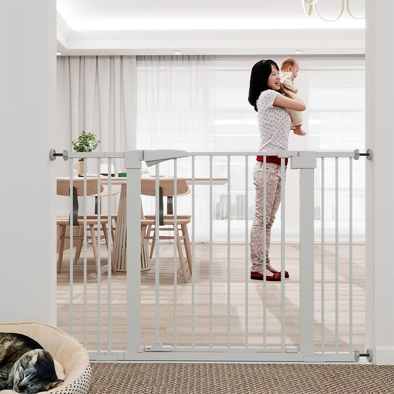 HKM-8119613 30-Inch High White Child Safety Gate with Extensions for Baby Door Barrier