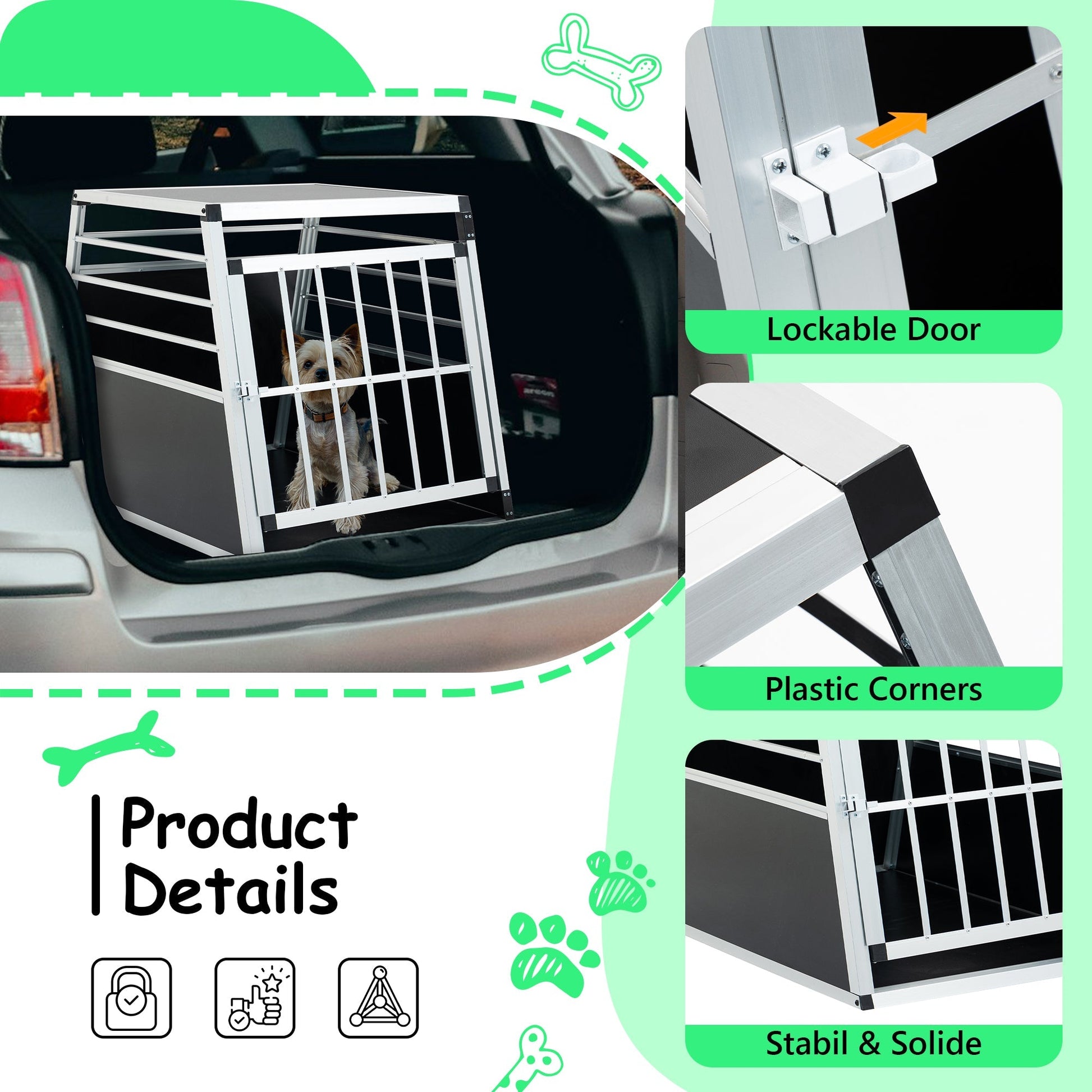 HKM-8125373 Aluminum Pet Transport Case - Travel Carrier for Cats and Dogs, Black and Silver, Stain-Resistant and Ventilated Design