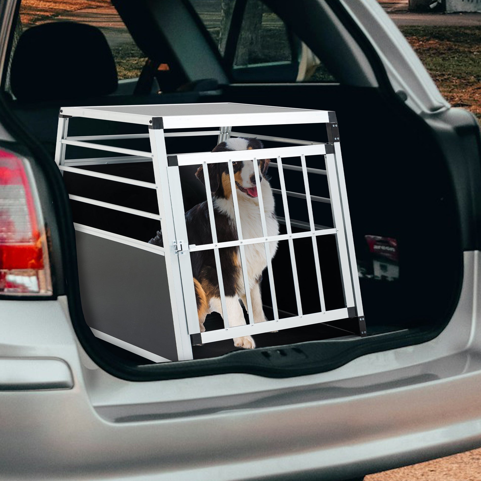 HKM-8125373 Aluminum Pet Transport Case - Travel Carrier for Cats and Dogs, Black and Silver, Stain-Resistant and Ventilated Design