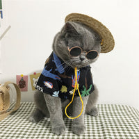 HKM-8125885 Summer Cat Shirt with Matching Straw Hat, Necklace, and Glasses - Thin and Hair-Fall Preventing Outfit