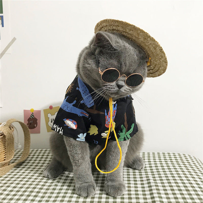 HKM-8125885 Summer Cat Shirt with Matching Straw Hat, Necklace, and Glasses - Thin and Hair-Fall Preventing Outfit