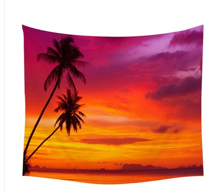 HKM-812947 Coastal Scene Tapestry with Coconut Trees, Starfish, and Shells - Polyester, Multiple Sizes Available