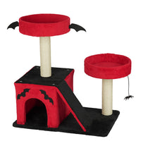 HKM-8130749 Gothic Cat Tree with Cozy Condo, Dual Padded Perches, Scratching Posts, and Spider Toy in Red & Black