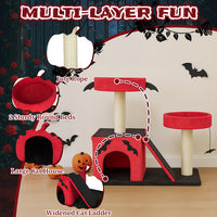 HKM-8130749 Gothic Cat Tree with Cozy Condo, Dual Padded Perches, Scratching Posts, and Spider Toy in Red & Black