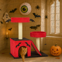 HKM-8130749 Gothic Cat Tree with Cozy Condo, Dual Padded Perches, Scratching Posts, and Spider Toy in Red & Black