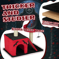HKM-8130749 Gothic Cat Tree with Cozy Condo, Dual Padded Perches, Scratching Posts, and Spider Toy in Red & Black