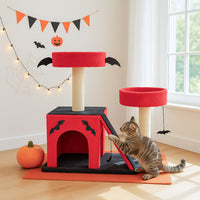 HKM-8130749 Gothic Cat Tree with Cozy Condo, Dual Padded Perches, Scratching Posts, and Spider Toy in Red & Black