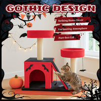 HKM-8130749 Gothic Cat Tree with Cozy Condo, Dual Padded Perches, Scratching Posts, and Spider Toy in Red & Black