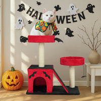 HKM-8130749 Gothic Cat Tree with Cozy Condo, Dual Padded Perches, Scratching Posts, and Spider Toy in Red & Black