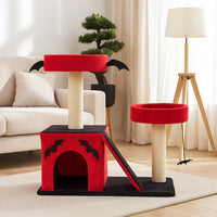 HKM-8130749 Gothic Cat Tree with Cozy Condo, Dual Padded Perches, Scratching Posts, and Spider Toy in Red & Black