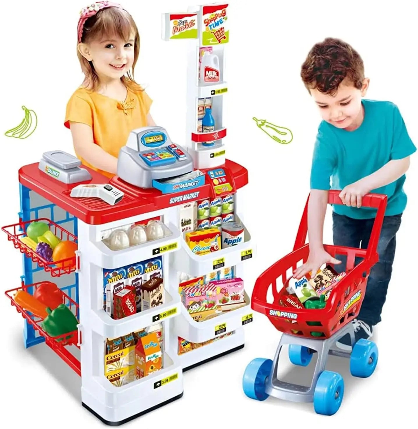 HKM-813075 Supermarket Cash Register Toy Set with Shopping Cart - 24 Pieces Role Play Kitchen Toys for Kids