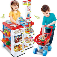 HKM-813075 Supermarket Cash Register Toy Set with Shopping Cart - 24 Pieces Role Play Kitchen Toys for Kids