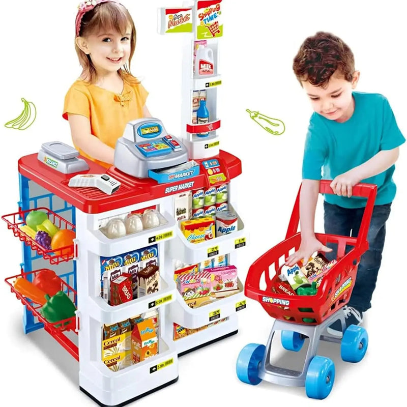 HKM-813075 Supermarket Cash Register Toy Set with Shopping Cart - 24 Pieces Role Play Kitchen Toys for Kids