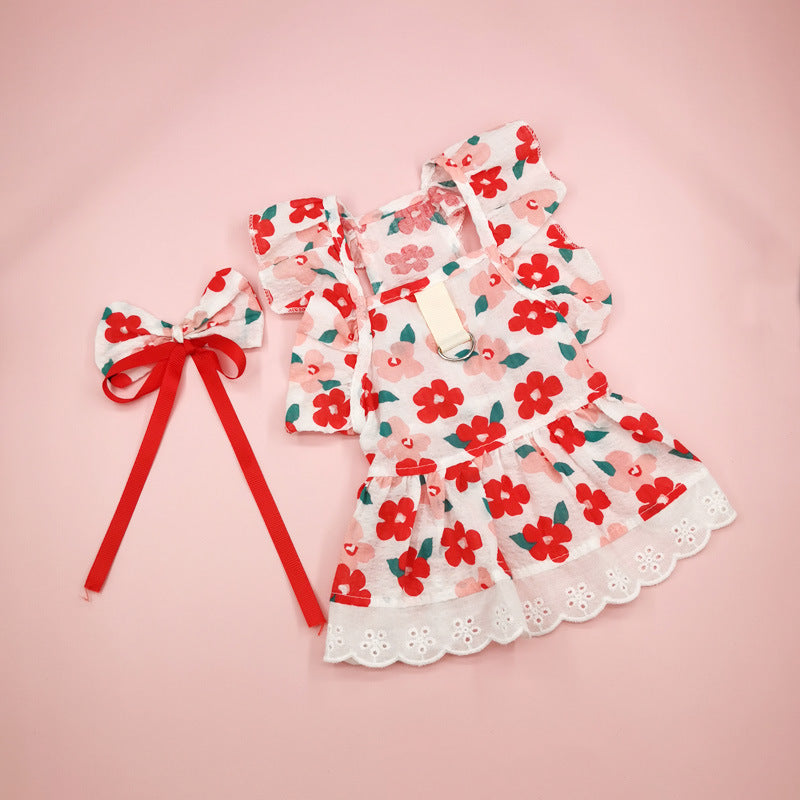 HKM-8133821 Floral Print Dress with Bow Tie and Hairpin for Dogs and Cats