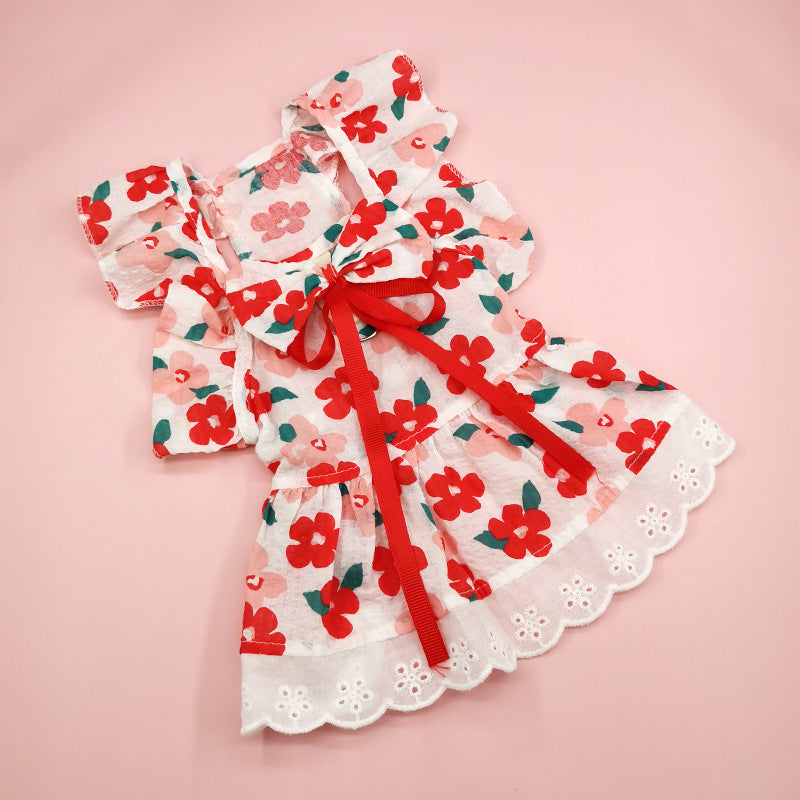 HKM-8133821 Floral Print Dress with Bow Tie and Hairpin for Dogs and Cats