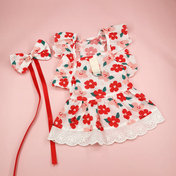 HKM-8133821 Floral Print Dress with Bow Tie and Hairpin for Dogs and Cats