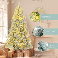 HKM-813523 6 Feet Snow-Covered Christmas Tree with Pre-Installed Colored LED Lights, Hinged Design, Wreath & Garland Included