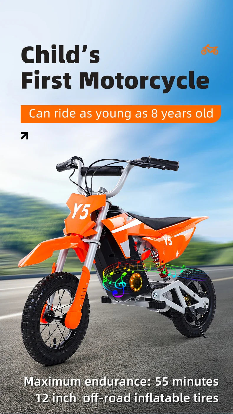 HKM-813971 Kids Mini Electric Motorcycle 250W 24V Off-Road Bike for Ages 3-8, Max Speed 23km/h, Lightweight Steel and ABS Design, Perfect for Outdoor Adventures
