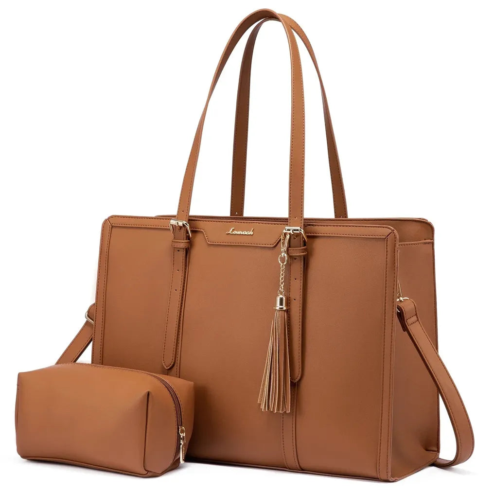 HKM-814099 Lightweight 17 Inch Leather Laptop Tote Bag with Clutch Purse for Business Use