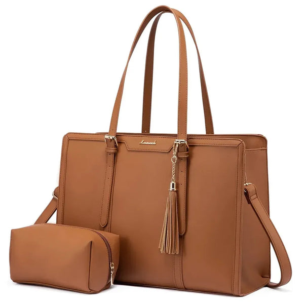 HKM-814099 Lightweight 17 Inch Leather Laptop Tote Bag with Clutch Purse for Business Use