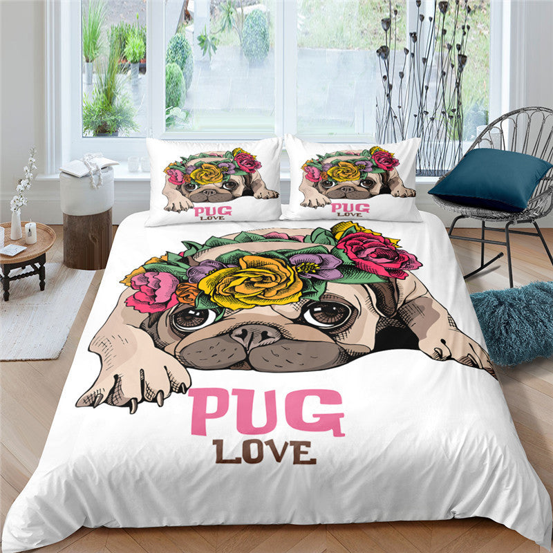 HKM-814355 3D Pug Digital Printed Bedding Set - Modern Cartoon Design, Polyester Fiber, 3-Piece Collection