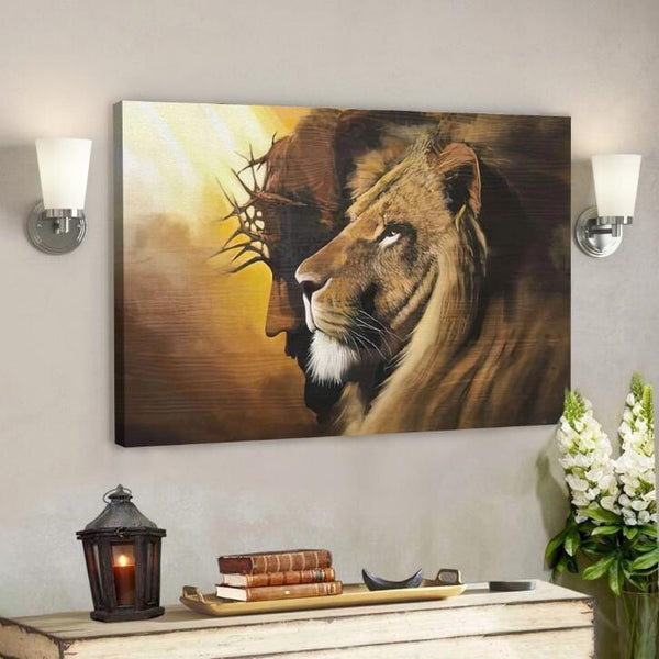 HKM-814547 Canvas Wall Art Featuring Jesus and Lion with Framed Wood Decorative Design