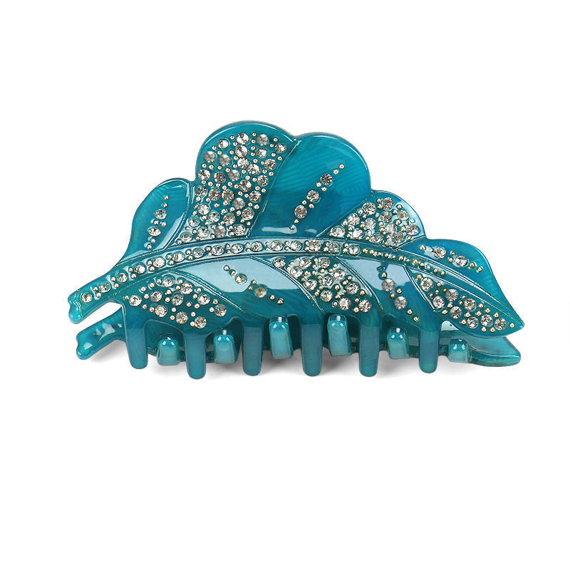 HKM-815123 Acrylic Leaf Design Hairpin with Diamond Accents – Handmade Women's Hair Clip in Green, Gray, Pink