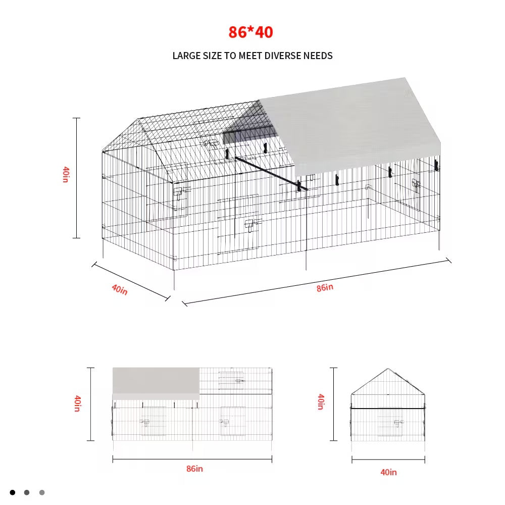 HKM-8152381 Pointed Wire Chicken Coop for Poultry Breeding, Metal and Fabric Structure, 86 x 40 x 40 Inches