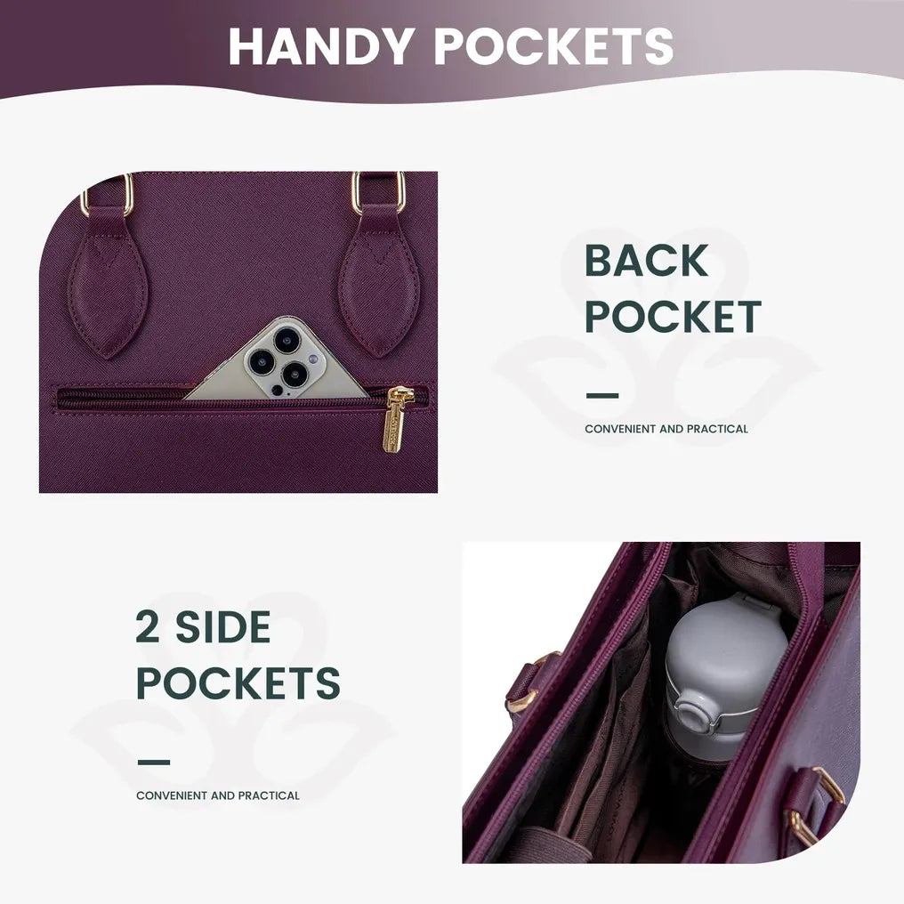 HKM-815251 Multi-Layer Laptop Tote Bag with 7 Pockets for Women - Versatile PU Leather Business Crossbody Messenger Bag