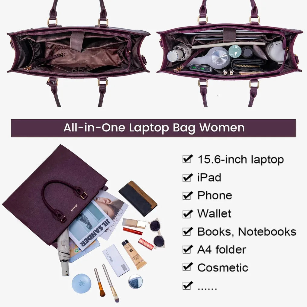 HKM-815251 Multi-Layer Laptop Tote Bag with 7 Pockets for Women - Versatile PU Leather Business Crossbody Messenger Bag