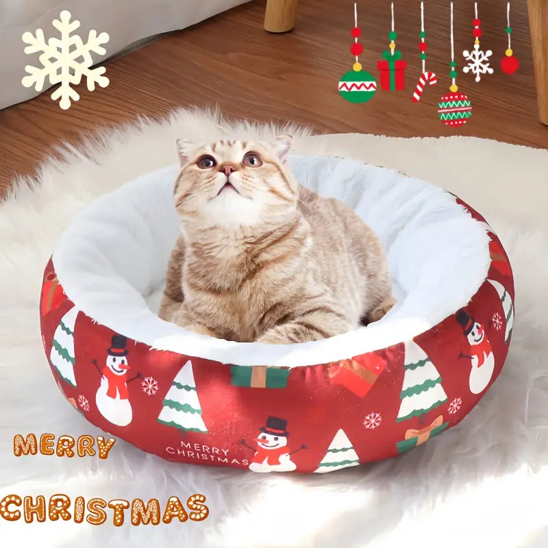 HKM-8152765 Christmas-Themed Warm Pet Bedding for Small and Medium Dogs and Cats - Cozy Nest with Holiday Prints