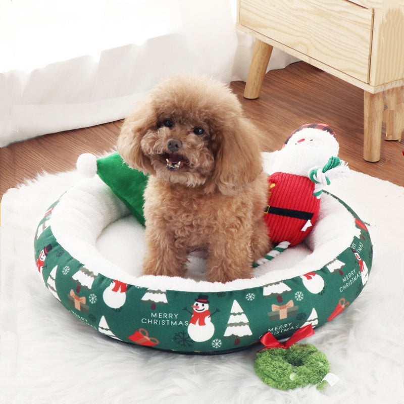 HKM-8152765 Christmas-Themed Warm Pet Bedding for Small and Medium Dogs and Cats - Cozy Nest with Holiday Prints